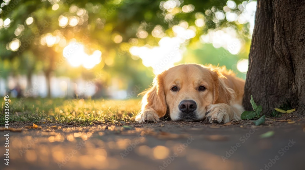 Poster A golden retriever laying down in the grass under a tree with golden sunlight streaming through the leaves in the background. The dog looks directly at the camera with a calm expression, creating a