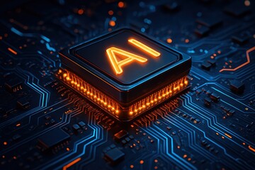 Glowing AI Processor on a Circuit Board