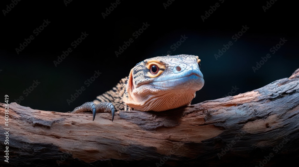 Poster A lizard with a light tan body marked with dark spots sits on a tree branch. The background is a soft out of focus dark brown. The lizard has an alert expression and the lighting is dramatic and