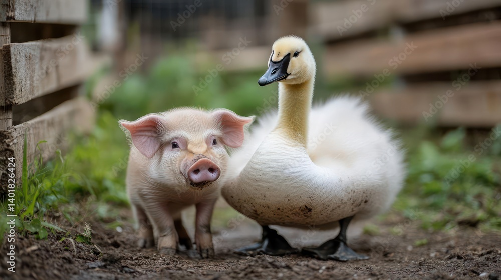 Poster close up shot of a light pink piglet standing next to a white and yellow gosling on a grassy patch i