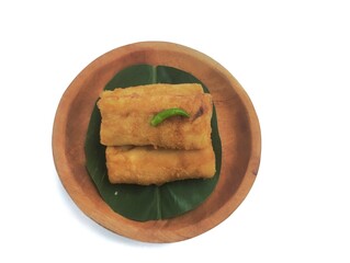 Rissoles , risoles or risol, Indonesian street food. sosis solo,  indonesia traditional snack or appetizer. spring rolls  isolated on a white background. fried spring rolls with green chili. 