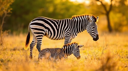 Plains zebra and foal stand facing camera