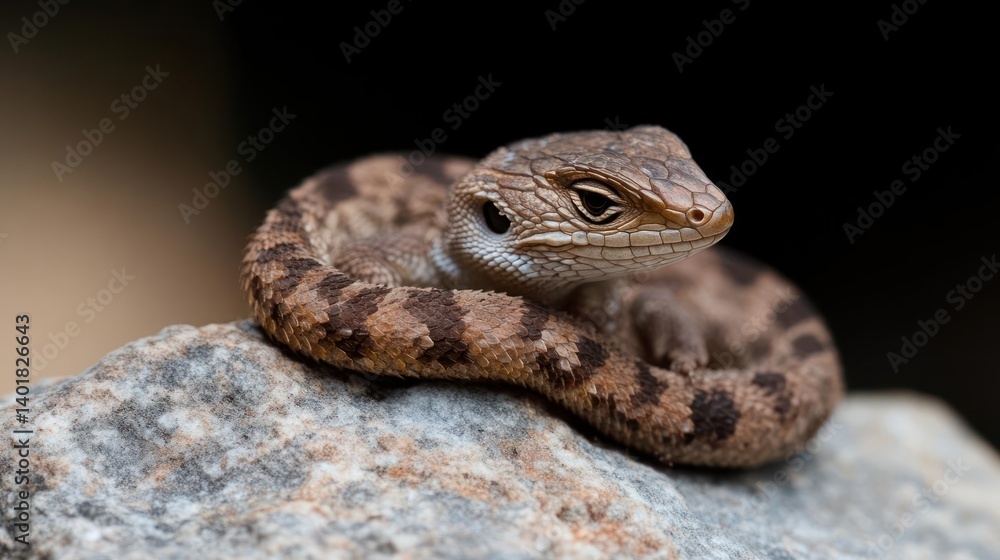 Poster macro shot of a lizard curled on a stone, the lizard has brown patterned skin and is resting comfort