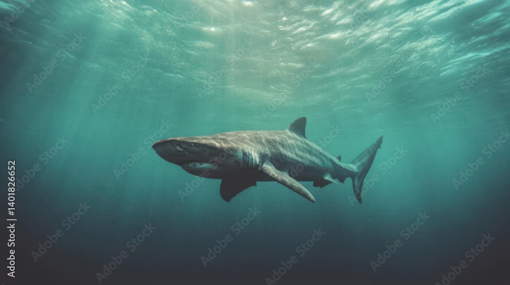 Poster A large shark swims calmly in the deep blue ocean, with sunlight filtering through the water's surface. The composition captures the shark's size and the ocean's depth. Dark moody light. Serene