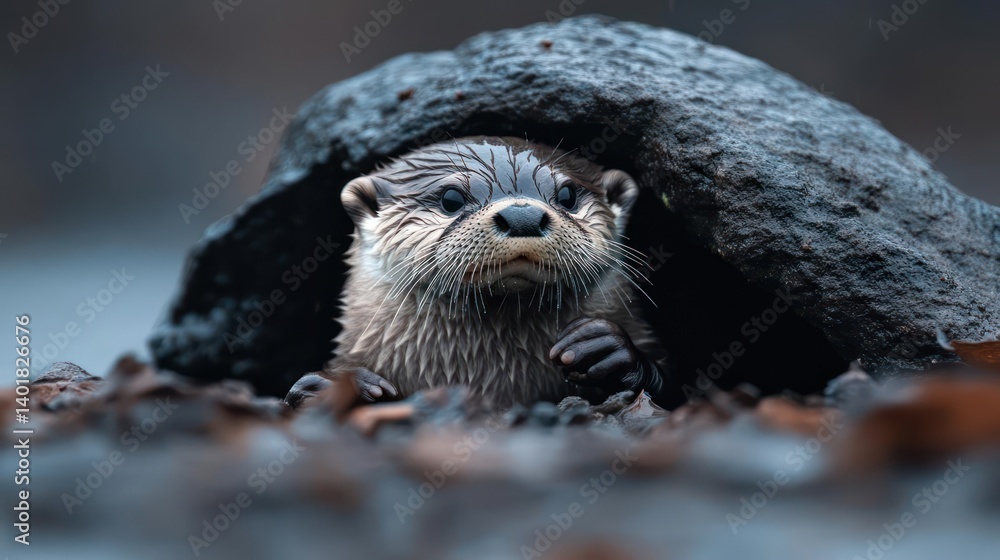 Aufkleber Detailed close up of an otter with wet fur peeking out from under a rock with some foliage at the bottom. The foreground is slightly blurred with a dark background, providing a bokeh effect