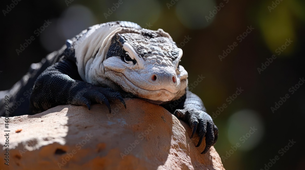 Poster close-up of a black and gray iguana perched on a reddish-brown rock with a blurred background. the i