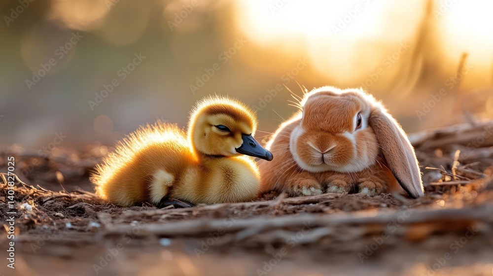 Poster a heartwarming close-up captures a golden duckling nestled beside a ginger rabbit on earthy ground. 