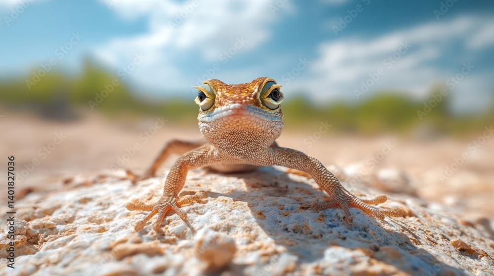 Poster close-up shot of a brown lizard with golden eyes, perched atop a textured rock surface against a blu