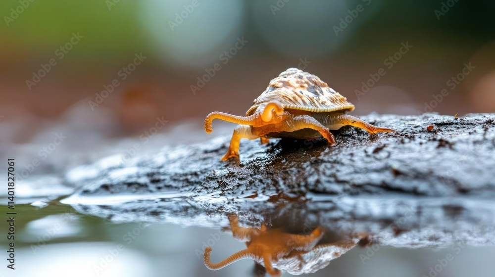 Poster Macro shot of a small tortoise beetle on a wet, dark surface reflecting in water. The beetle features an intricate shell pattern with hues of brown and white. The background is blurred, highlighting