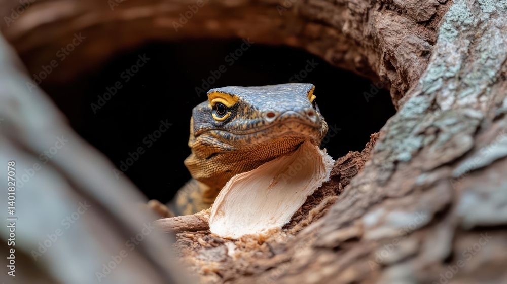 Poster close-up shot of a lizard with yellow eyes peeking from a hole in a tree, showcasing its textured sk