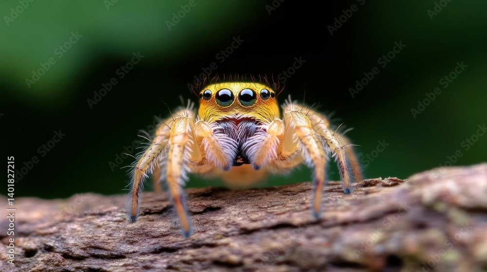 Poster a close-up macro shot features a vibrant golden jumping spider perched on a textured brown branch, s
