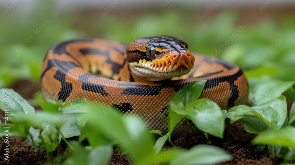Poster close-up of a curled-up ball python with a unique pattern of black, brown, and orange scales, with h