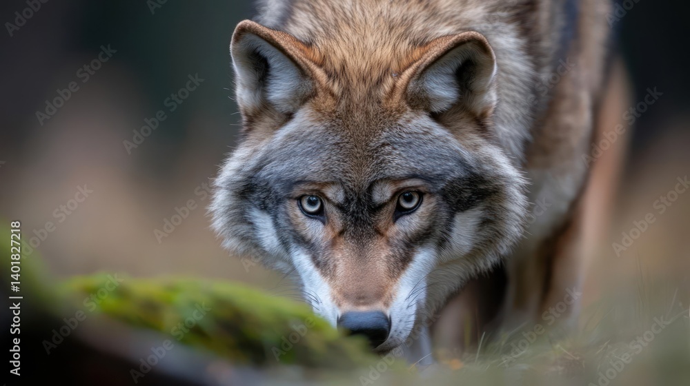 Aufkleber close up shot of gray brown wolf in the forest with detailed face and blue eyes. focused on the wolf