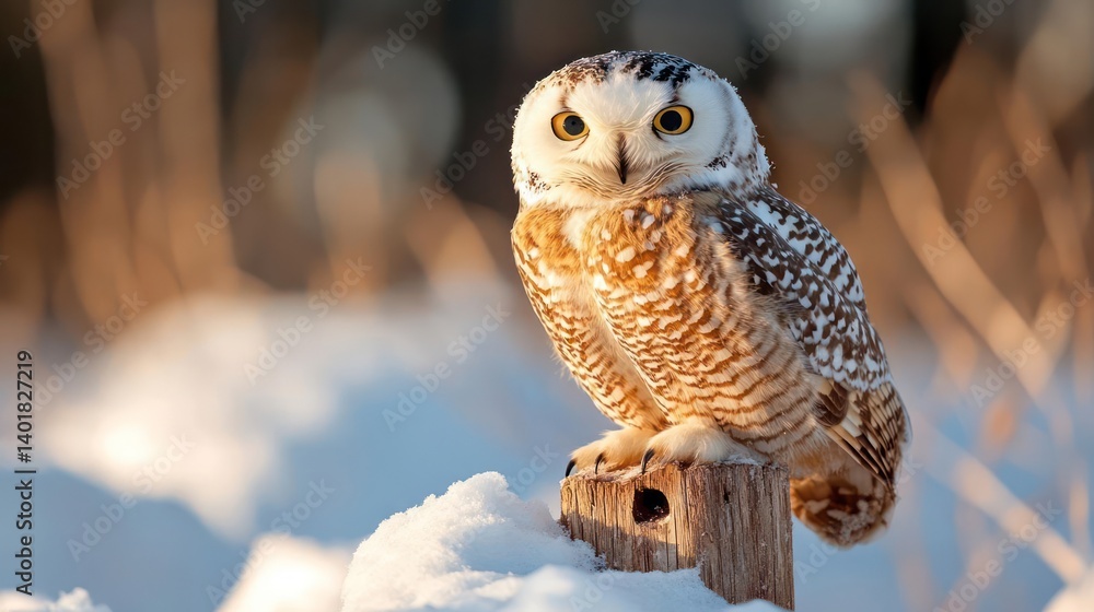 Poster close up of a snowy owl perched on a snow-covered wooden post. the owl features detailed feather pat