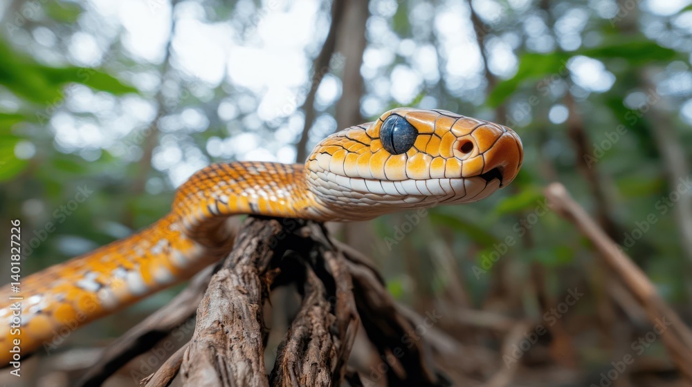 Poster Close up photo of a yellow snake resting on a tree branch. The snake has white spots and its head is slightly angled to the left. The background is green and out of focus with trees