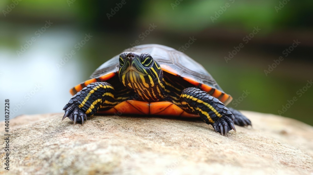Poster A close up shot captures a turtle resting on a rock, exhibiting its patterned shell and skin, set against a backdrop of soft bokeh with green hue, accentuating the subject's texture and detail in