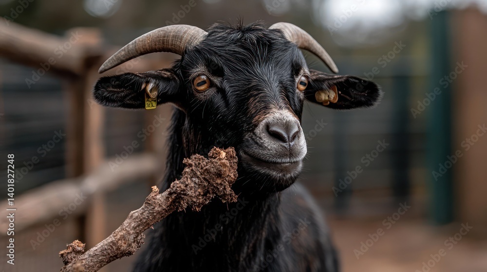 Poster close up shot of a black goat with curved horns chewing on a branch with a blurred background of a w