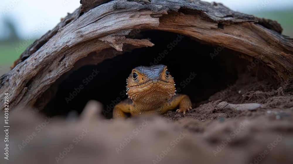 Poster close up photograph of an orange lizard emerging from a hollow log in a brown earthen environment. t