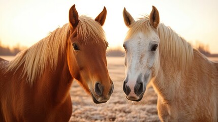 Two horses, one brown and one light tan, stand side by side in a field of frost-covered grass under a warm, golden sunrise. The brown horse is on the left, the tan horse is on the right