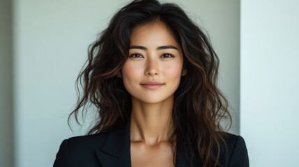 Naklejka premium Beautiful Asian woman with dark hair and blazer. Looking at camera
