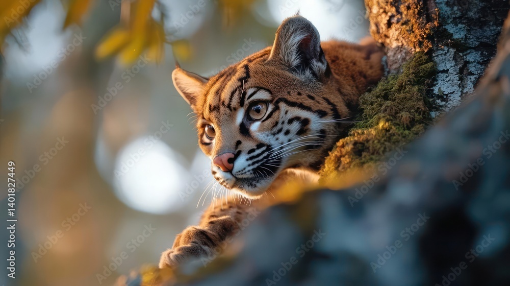 Poster close-up of an ocelot perched in a tree, gazing intently with light brown fur. the tree bark is cove
