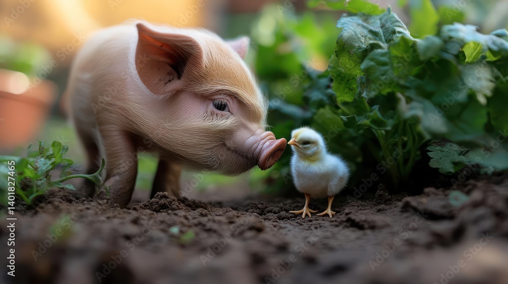 Aufkleber a soft focus image captures a tender moment between a small piglet and a fluffy chick in a garden se