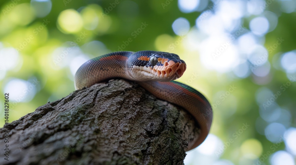 Poster eye-level detailed shot of a brown snake with orange markings coiled atop a tree branch. the snake's