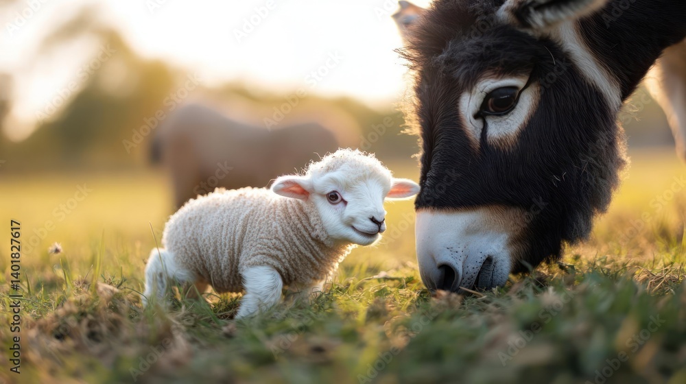 Poster close-up shot captures a tiny white lamb standing on green grass, nose to nose with a black and whit