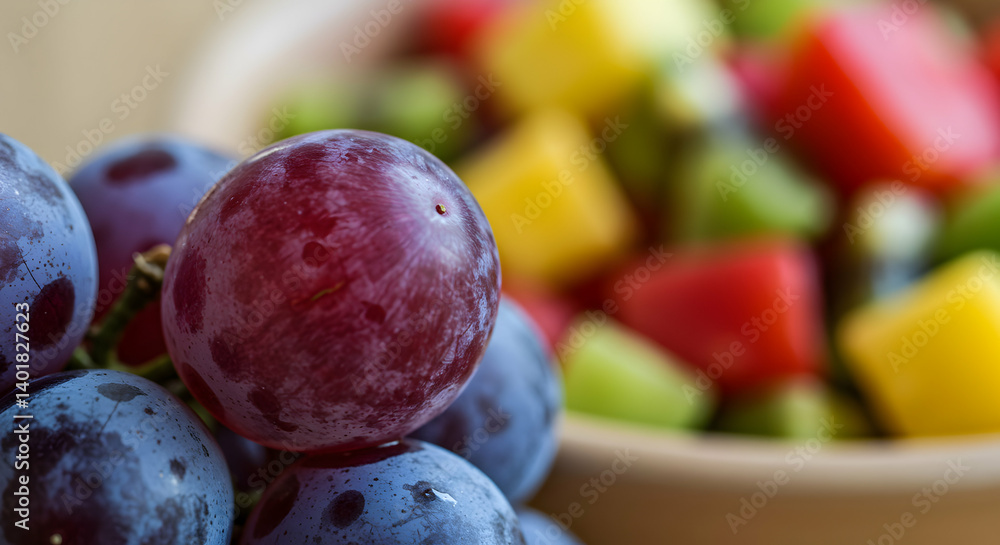 Poster close up cluster of red grapes with fruit salad background