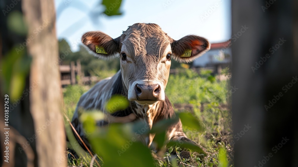 Poster close up of a brown calf with light fur lying on grass and looking at the camera. the calf is framed
