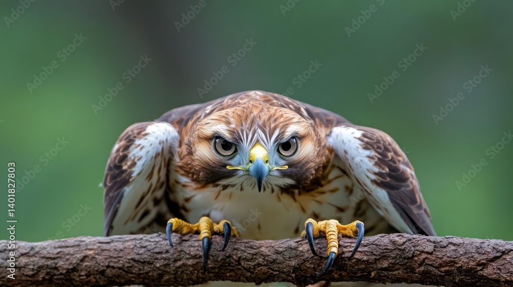 Poster close up portrait of a perched red-tailed hawk on a branch against a blurred green background. the h