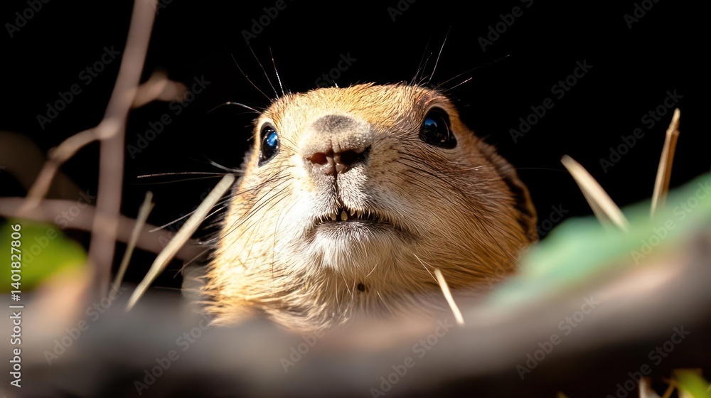 Poster a close up of a golden brown groundhog looking up towards the camera in a wildlife setting. the grou