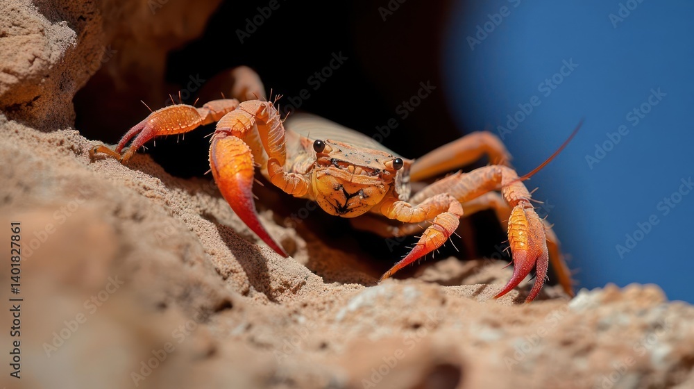 Aufkleber a detailed close-up of an orange crab on a brown rock against a bright blue background. the crab's s