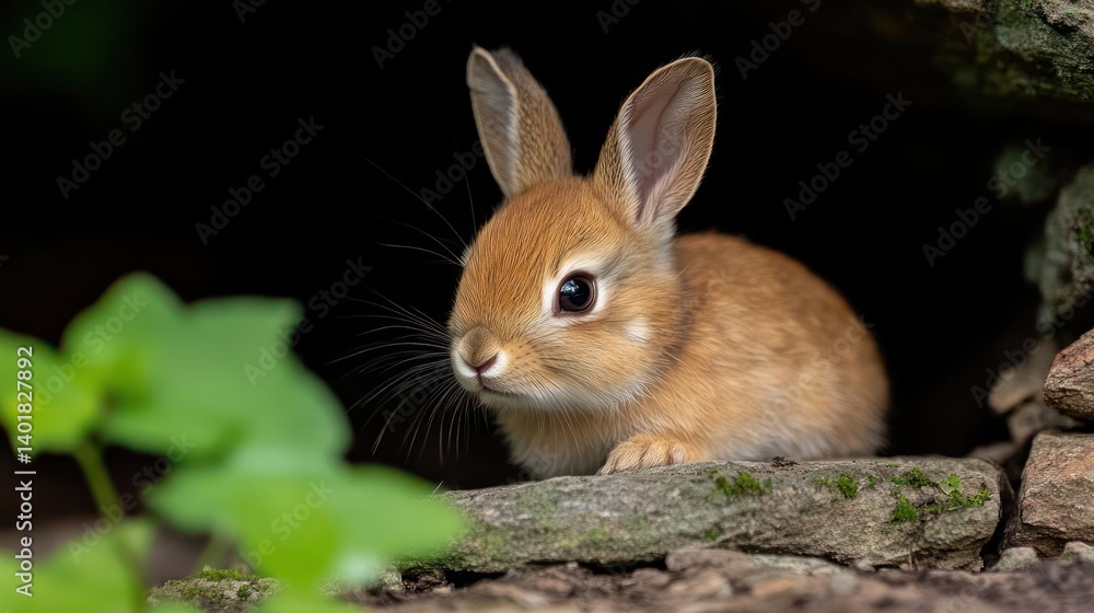 Aufkleber a close-up showcases a rabbit with light brown fur, perched on a rugged stone ledge in a natural set
