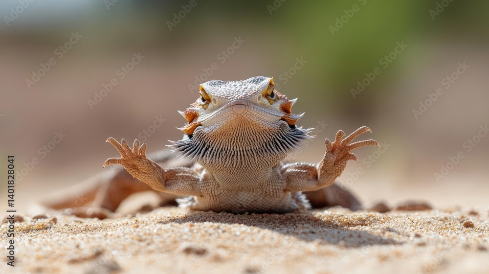 Poster close-up shot of a bearded dragon, showcasing its spiky beard and textured scales. the lizard is pos