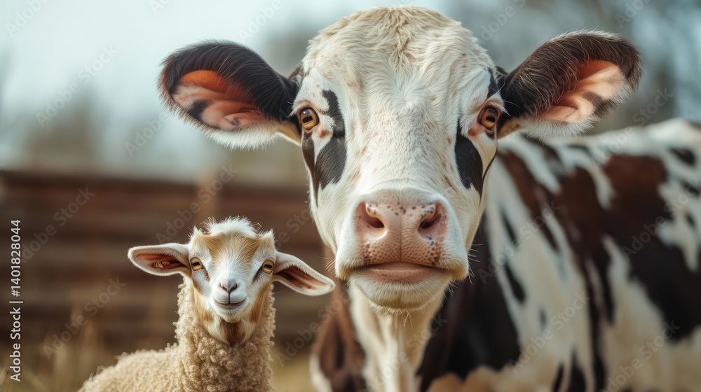 Poster a close-up view of a cow with black and white spots, standing next to a sheep with tan fleece. soft 