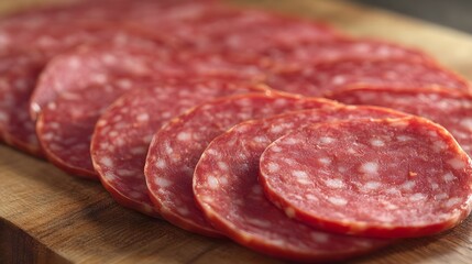 Obraz premium Closeup of Delicious Sliced Salami on Wooden Board