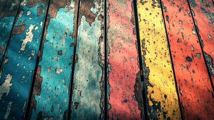 Texture wooden background with old wooden painted multicolor textured surface covered with peeling paint, peeling paint on the wooden fence