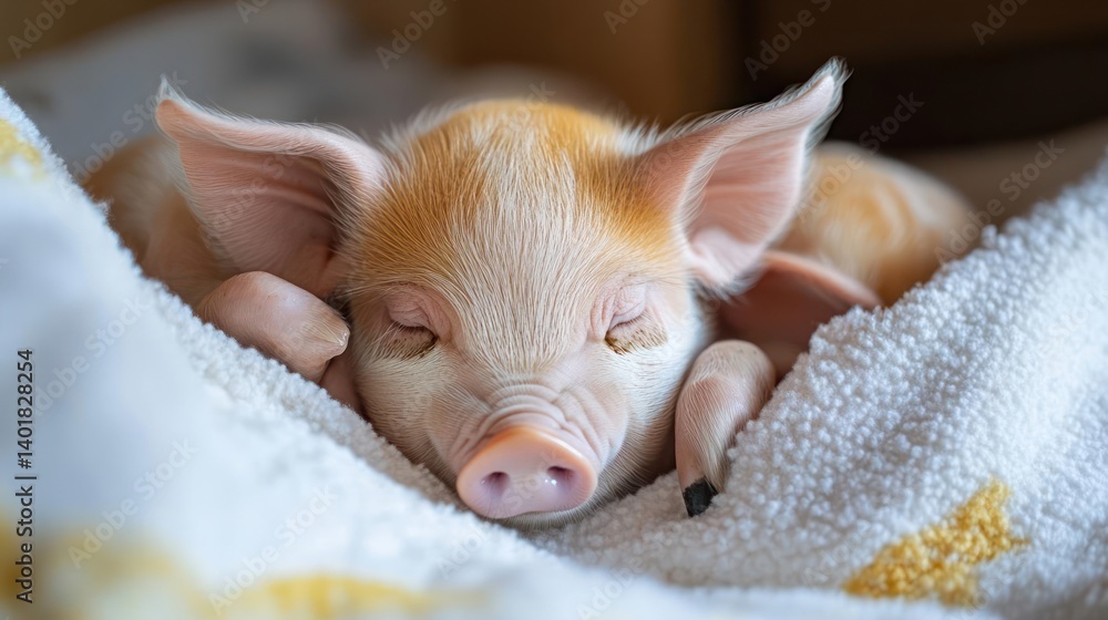 Poster a close up of a sleeping piglet on a white patterned towel, under soft, natural light. the piglet is
