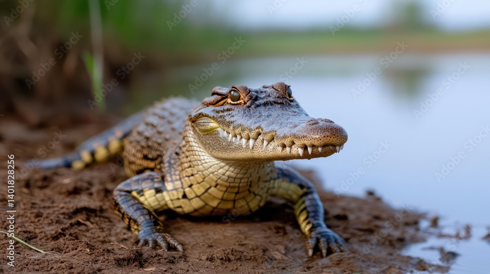 Poster close up view of a young alligator resting on muddy ground near water with green grass background, f
