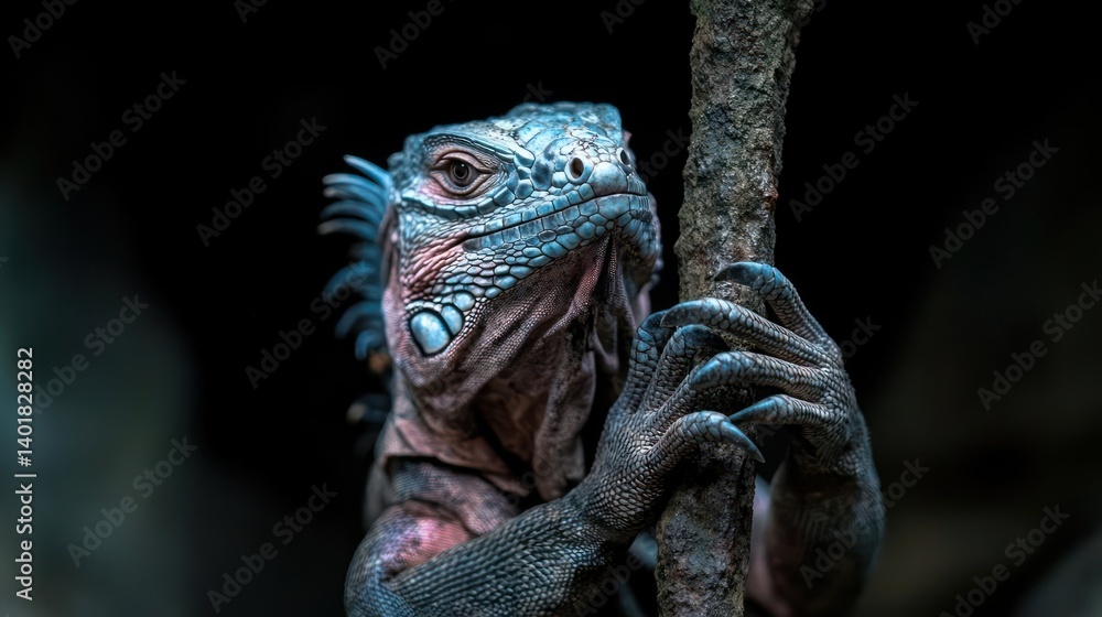 Poster captivating close-up shot featuring a blue-toned iguana clinging to a branch, showcasing its texture