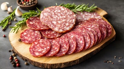 Delicious Salami Slices on Wooden Board with Rosemary
