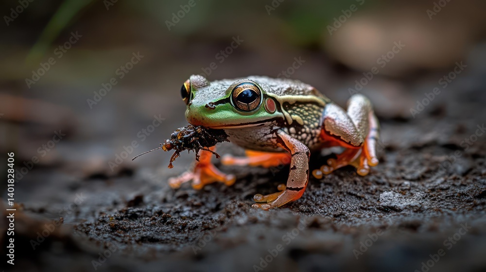 Poster a detailed macro shot of a small frog with green, brown, and orange markings, capturing a dark-color