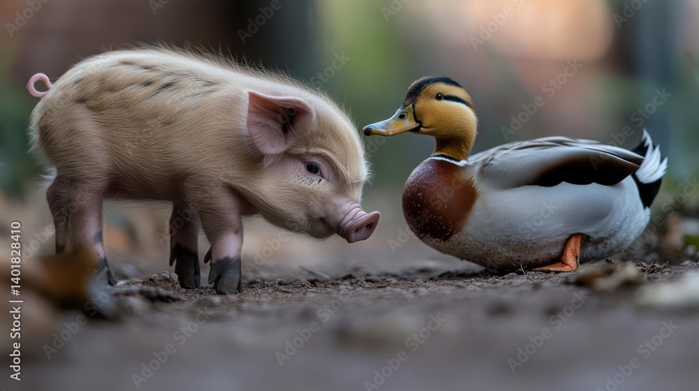 Aufkleber close up shot of a small piglet next to a duck on a ground of dirt. the piglet is pink and the duck 
