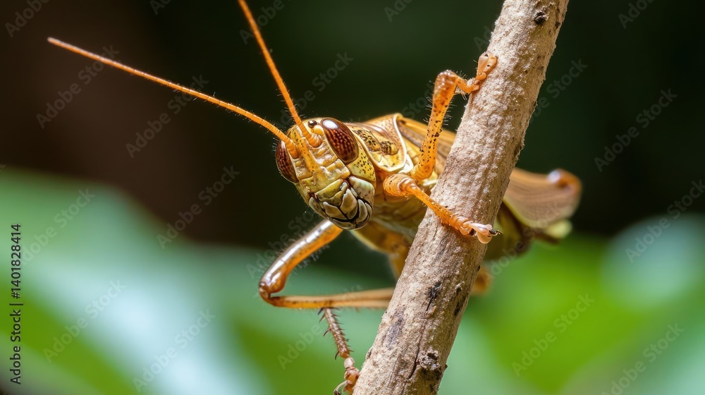 Poster macro shot of a grasshopper clinging to a slender branch, featuring its textured body, long antennae