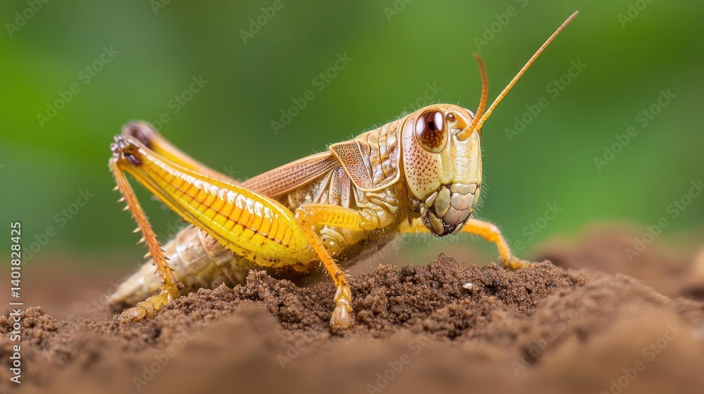 Fototapete macro shot of a brown grasshopper perched on dark soil with a blurred green background. the insect i
