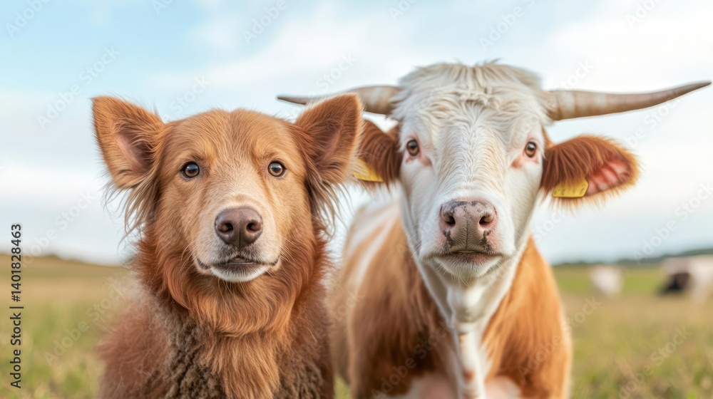 Poster a portrait of a brown dog and a white and brown horned cow, standing side-by-side in a grassy field 