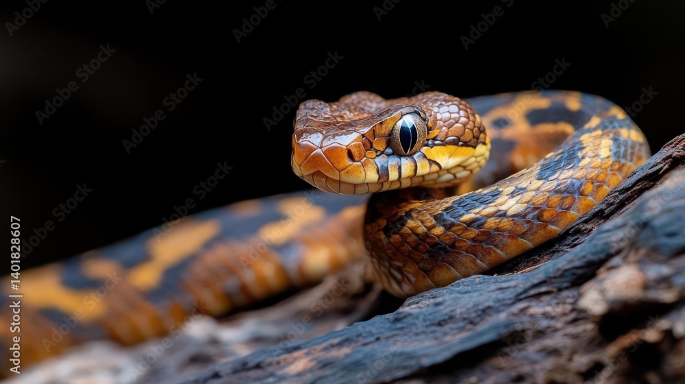 Aufkleber a vibrant close-up showcases a tan snake with dark brown and black speckles resting on a rough, dark