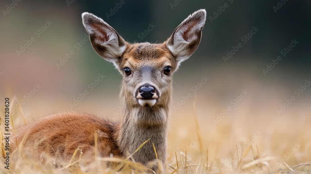 Aufkleber close up of a juvenile deer resting in a field of tall golden grass. the deer has a brown coat and l