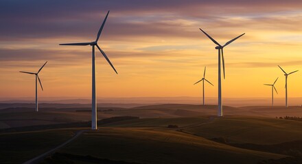 Obraz premium Majestic wind turbines on rolling hills at sunset, symbolizing clean energy and natural beauty. A peaceful, scenic landscape created with generative AI.